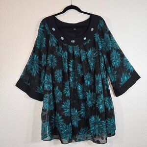 Dana Kay Floral Blouse Top Women Plus Size 20W Black Sheer Beaded Polka Dot